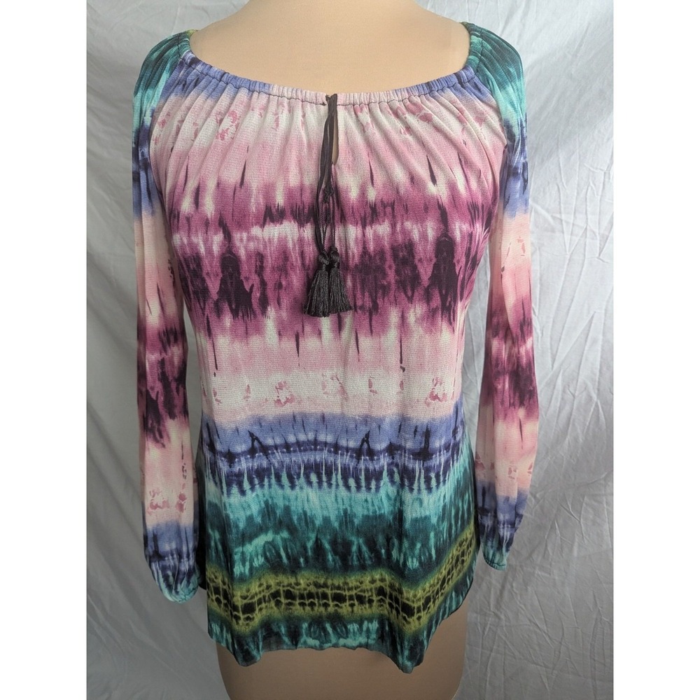 Teal Purple Tie Dye Tassel Long Sleeve Top Sz S Boho Festival Fairy Art to Wear